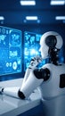Artificial intelligence robot analyzing data on computer screens in a futuristic office setting Royalty Free Stock Photo
