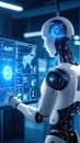 Artificial Intelligence Robot Interacting with Computer Interface in Modern Laboratory Royalty Free Stock Photo