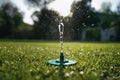 Automatic watering on a green lawn. Close-up. Irrigation system in the home garden. Automatic watering of a green lawn