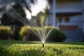 Automatic watering on a green lawn. Close-up. Irrigation system in the home garden. Automatic watering of a green lawn