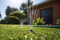 Automatic watering on a green lawn. Close-up. Irrigation system in the home garden. Automatic watering of a green lawn