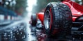 back rear wheel of red Formula one racing car at start of race in rain on wet slippery asphalt Royalty Free Stock Photo