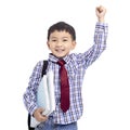 Back to school. Happy Schoolboy student raising the arm