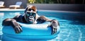 Banner with gorilla in sunglasses in pool floats on swimming lap with space for text. Concept of lazy vacation in Royalty Free Stock Photo