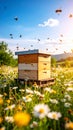 Beehive in Wildflower Meadow with Bees Flying Around Royalty Free Stock Photo
