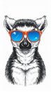 Black and White Lemur Portrait With Orange Sunglasses, Vector Illustration Royalty Free Stock Photo