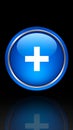 Blue Button with White Plus Sign on Black Background and Reflection Royalty Free Stock Photo