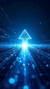 Blue glowing upward arrow in a futuristic digital technology background with light beams and particles representing Royalty Free Stock Photo