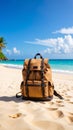 Brown Canvas Backpack on Sandy Beach Ocean and Blue Sky Background Royalty Free Stock Photo