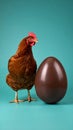 Brown hen next to a large chocolate Easter egg on a turquoise background Royalty Free Stock Photo