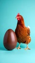 Brown hen standing next to a large chocolate Easter egg on a blue background Royalty Free Stock Photo