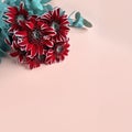 A bunch of dark red chrysanthemum, or chrysanth flowers on a pink surface, copy-space Royalty Free Stock Photo