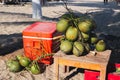 A bunch of green drinking coconuts on the background of a sandy beach Royalty Free Stock Photo