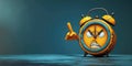 Cartoon character angry sad yellow alarm clock pointing hands on a blue background with copy space Royalty Free Stock Photo