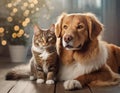 Generated image. A cat, kitten, plays with a dog in an adorable cute ai generated image Royalty Free Stock Photo