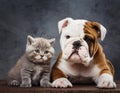 Generated image. A cat, kitten, plays with a dog in an adorable cute ai generated image Royalty Free Stock Photo