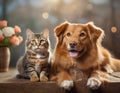 Generated image. A cat, kitten, plays with a dog in an adorable cute ai generated image Royalty Free Stock Photo