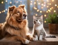 Generated image. A cat, kitten, plays with a dog in an adorable cute ai generated image Royalty Free Stock Photo