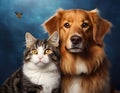 Generated image. A cat, kitten, plays with a dog in an adorable cute ai generated image Royalty Free Stock Photo