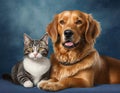 Generated image. A cat, kitten, plays with a dog in an adorable cute ai generated image Royalty Free Stock Photo