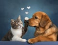 Generated image. A cat, kitten, plays with a dog in an adorable cute ai generated image Royalty Free Stock Photo