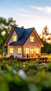 Charming Miniature House Model with Glowing Windows at Dusk Royalty Free Stock Photo