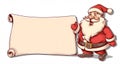 Cheerful Santa Claus pointing to a blank scroll, perfect for creating personalized Christmas greeting cards