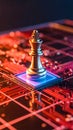 Chess king piece on computer chip representing strategy and technology Royalty Free Stock Photo