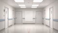 Empty hospital corridor with white doors and blue handrails Royalty Free Stock Photo