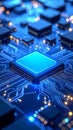 Close-up of a blue illuminated computer processor and circuit board, technology concept. Royalty Free Stock Photo
