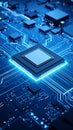 Close-up of a blue illuminated computer processor on a circuit board, technology concept. Royalty Free Stock Photo
