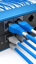 Close up of blue network cables plugged into a server device Royalty Free Stock Photo