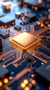 Close-up of a central processing unit on a circuit board with glowing lines, technology concept Royalty Free Stock Photo
