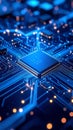 Close-up of a central processing unit (CPU) on a computer motherboard with glowing circuits. Royalty Free Stock Photo