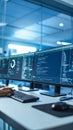 Close-up of computer monitors displaying code and data in a modern office setting. Royalty Free Stock Photo