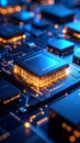 Close-up of a computer processor and circuit board with glowing lights and electronic components Royalty Free Stock Photo