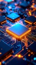 Close-up of a computer processor and circuit board with glowing lights and electronic components Royalty Free Stock Photo