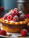 Close up delicious biscuit cake with cream cheese and raspberries. Light pie with berries