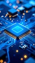 Close-up of a glowing central processing unit (CPU) on a circuit board, technology concept. Royalty Free Stock Photo