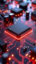 Close-up of a glowing computer processor on a circuit board with red light. Royalty Free Stock Photo