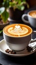 Close-up of latte art in a white ceramic cup with coffee beans on a dark surface. Royalty Free Stock Photo