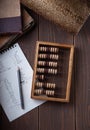 Close-up macro photo of vintage abacus for calculation. Royalty Free Stock Photo