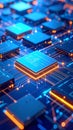 Close-up of a modern computer processor chip with glowing circuits and data transfer Royalty Free Stock Photo