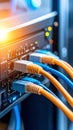 Close-up of network cables connected to a server rack in a data center. Royalty Free Stock Photo