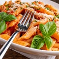 Close up penne pasta in red creamy tomato sauce with cheese and basil in plate