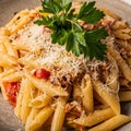 Close up penne pasta in tomatoes, cheese and green parsley. Classic Italian pasta