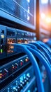 Close-up of server rack with network cables and glowing lights in data center. Royalty Free Stock Photo