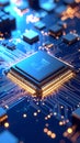 Close up view of a computer processor on a circuit board with glowing lights Royalty Free Stock Photo