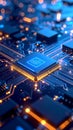 Close-up view of a computer processor with glowing circuits and digital technology Royalty Free Stock Photo