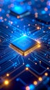 Close up view of a glowing computer processor chip and circuit board design Royalty Free Stock Photo